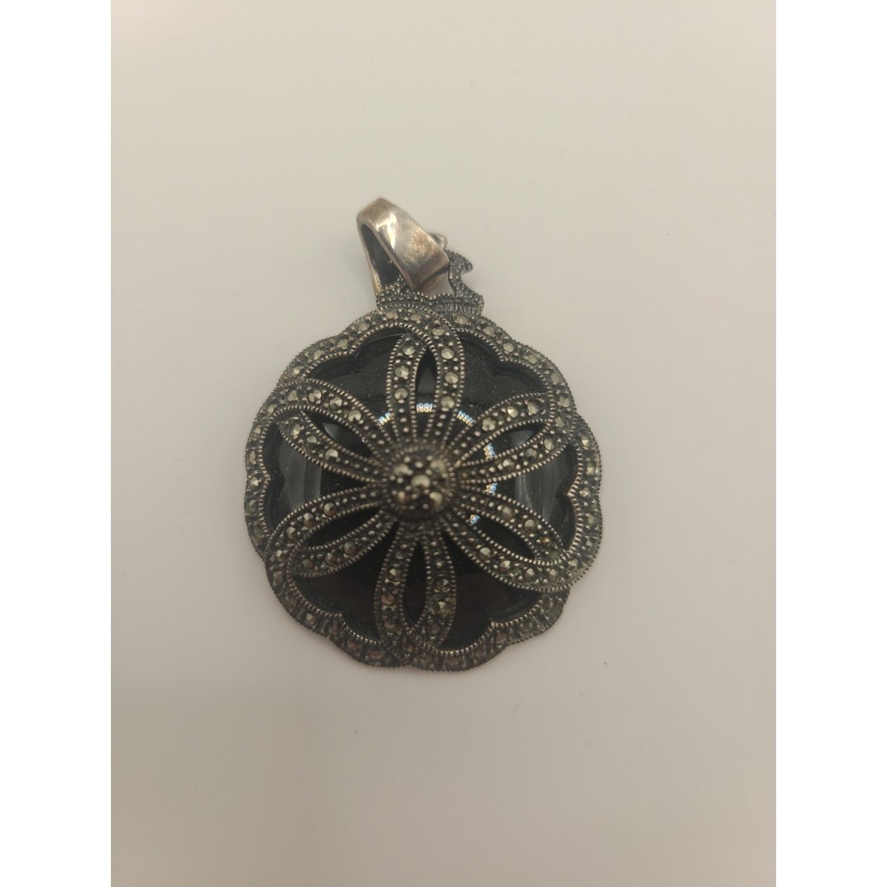 Vintage Sterling Silver Marcasite Black Onyx Flower Floral Pendant Art Deco